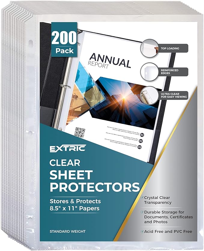 Sheet Protectors, 200 Count Clear Page Protectors for 3 Ring Binder, Top Loading Plastic Sleeves 8.5 x 11 inch