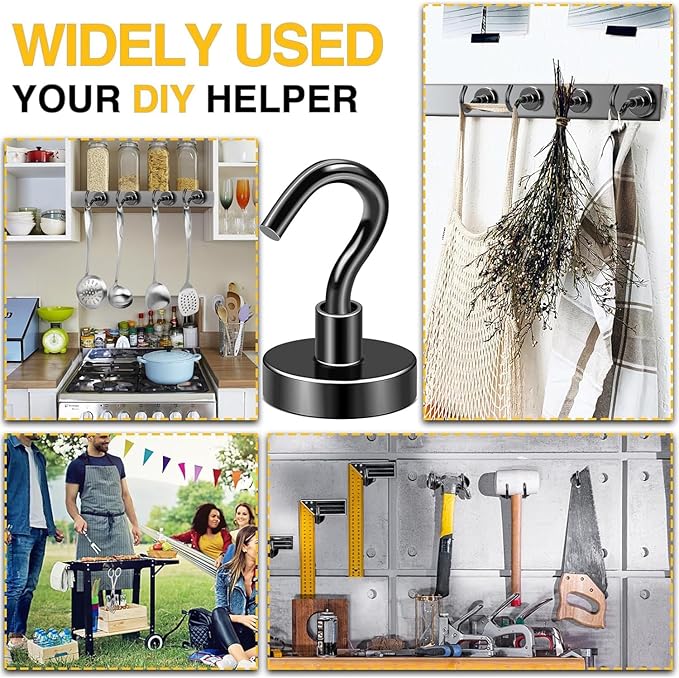 DIYMAG Black Magnetic Hooks, 85 LB Heavy Duty Strong Magnets with Hook, Rare Earth Neodymium Magnet for Cabins Cruise Ship Essentials 8 Packs