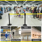 Therwen 6 Pack Heavy Duty Crowd Control Stanchions 9.8 ft Stainless Steel Stanchion Set with 6 Safety Barrier Post Retractable Belt and 1 Sign Holder Crowd Control Barrier(Caution Belt,Black)