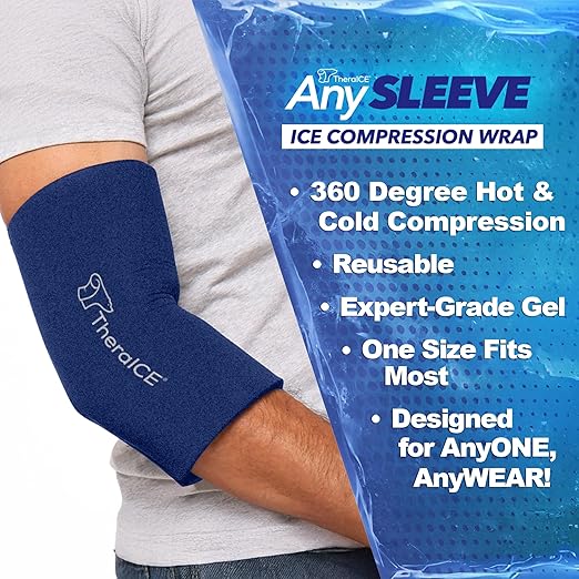 TheraICE Knee Ice Pack Wrap Compression ANYSleeve for Injuries, Reusable Elbow Calf Gel Cold Packs Brace, Adjustable Cold Recovery Wrap for Pain Relief -1 Size fits most people & Body parts -1 Unit