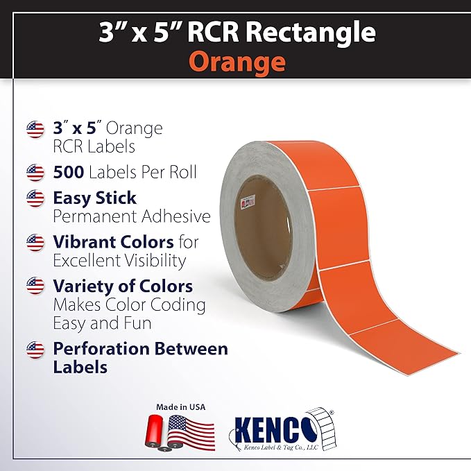 Kenco Color Coding 3 X 5 Rectangle Labels, Inventory Control Stickers 500 Labels Per Roll, Made in The USA (Orange)