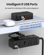 Dual Layer Desk Clamp Power Strip with 13 AC Outlets 8 USB (4 USB C), Fit 2.75" Tabletop, Desktop Edge Mounted Surge Protector (1700J),10 Ft Extension Cord, Desk Outlet for Office Home, Black