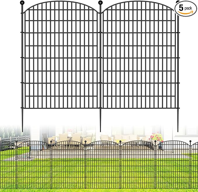 No Dig Decorative Garden Fence 5 Panels, 40 in (H) x 11.8 ft (L), Dog Fence Outdoor for Yard, Rustproof Metal Animal Barrier Ground Stakes Fencing for Garden, Patio, Flower Bed