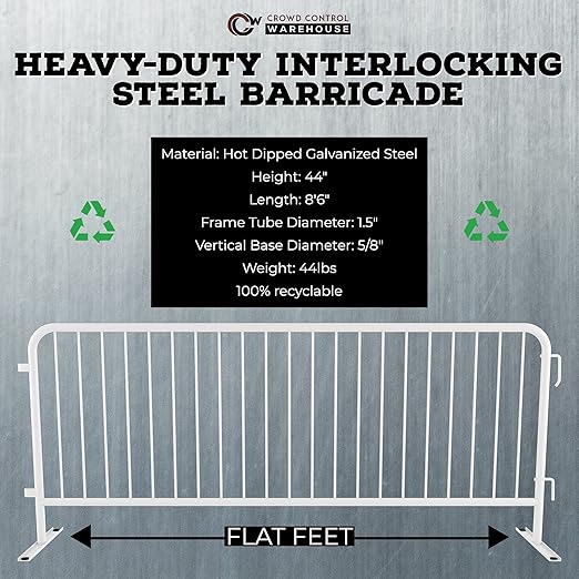 Angry Bull Barricades Metal Interlocking Steel Barricade (8.5 Ft. Heavy Duty, Flat Feet, White Powder Coated, Set of 20)