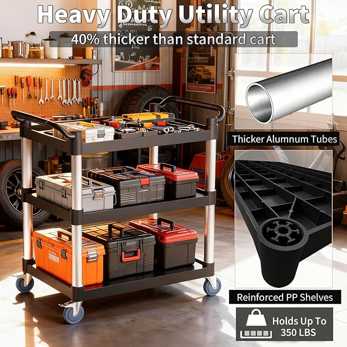 Utility Cart with Wheels, 3 Tier Rolling Cart with Tangle-Free Wheels(2 with Brakes), Heavy Duty 350 Lbs Capacity,Commercial Serving Cart for Home, Office, Restaurant, Warehouse.34.2" × 17" × 37"