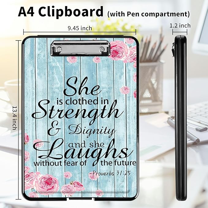 A4 Clipboards,Heavy Duty Waterproof Nursing Plastic Folder Clipboard with Storage Clip Boards,File Folder Storage Box Clipboard Case for Teacher,Doctor,Offices,Bible Quote Proverbs 31-25