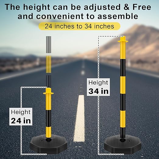 Konohan 12 Sets 34 Inch Parking Cone Delineators Post Traffic Cone Plastic Stanchion Set Stands Parking Barrier with Base 6.6 ft Chain S Hooks Reflective Collar (Yellow,Black)