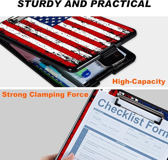 Clipboard with Storage, Hard Letter A4 Size Clip Board with Pen Holder & Paper Organizer, Heavy Duty Portable Writing Pad for Nurses Students Teachers Office Jobsite Contractor, American Flag 2