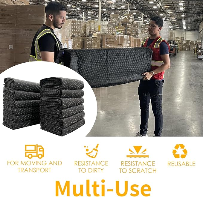 Moving Blankets Heavy Duty 12 Pack 72" x 80" (65 lb/Dozen), Large Thick Quilted Furniture Mover and Pads for Safe Shipping, Packing and Storage, Black(12 Packs)