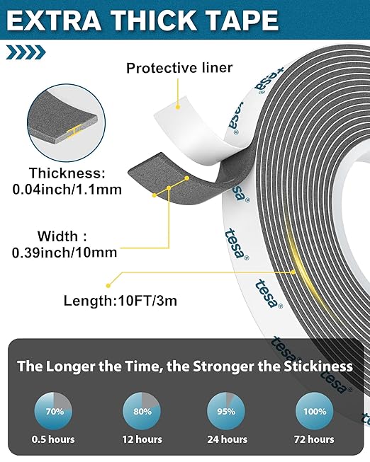 Tesa Double Sided Tape Heavy Duty 0.4in x 10ft 6311, Adhesive Mounting Tape Waterproof, Strong Foam Tape for Walls, Extreme Temp Resistant No Residue Removal Two Sided Tape for Auto, Home, Office