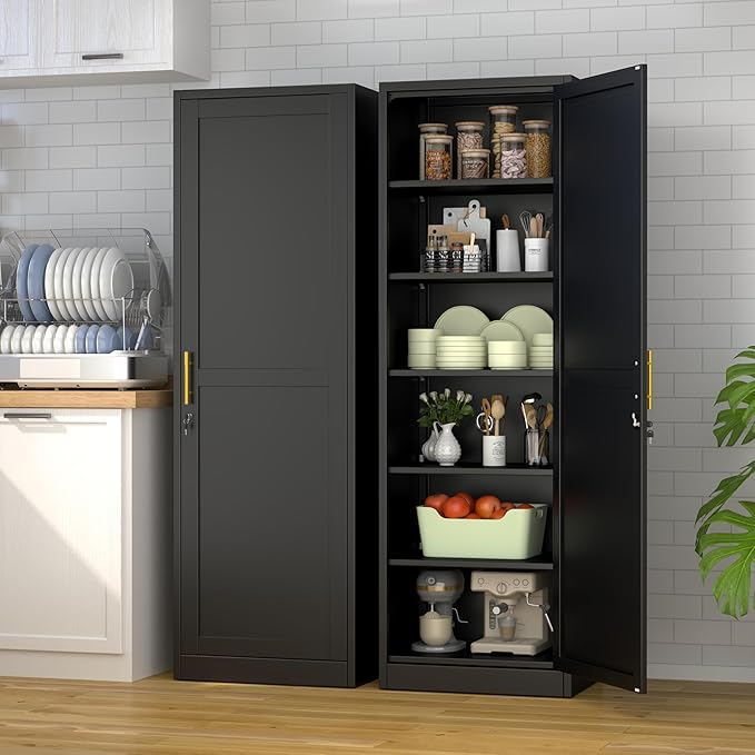 Metal Locker Cabinet, 19.7’’W Narrow Lockable Single File Storage Cabinet, Bathroom Cabinet with Lock and Adjustable Shelves for Living Room, Home Office, Kitchen, Black