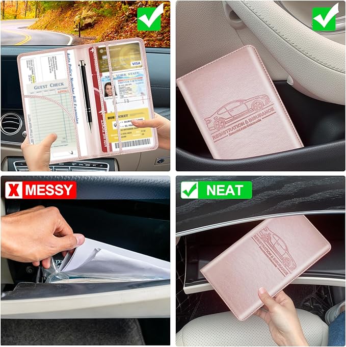 PLOJOP Car Registration and Insurance Card Holder, Leather Vehicle Insurance Card Holder Glove Box Compartment Organizer, Car Wallet Case for License Cards, ID Card, Business Card (Rose gold, L)