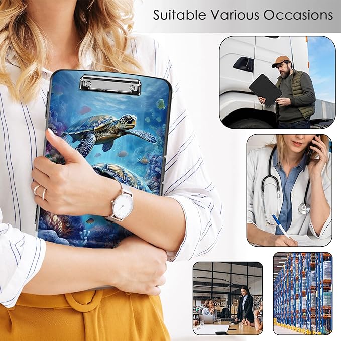 Clipboard with Storage,Office Supplies Nursing Clipboards Folder with Pen Holder Plastic Storage ClipBoard Foldable for Teacher Nurse,Turtle in Sea