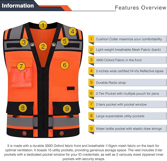 Class 2 High Visibility Reflective Safety Vests Women & Men With 15 Pockets And Zipper Front,Meets Ansi/Isea Standards
