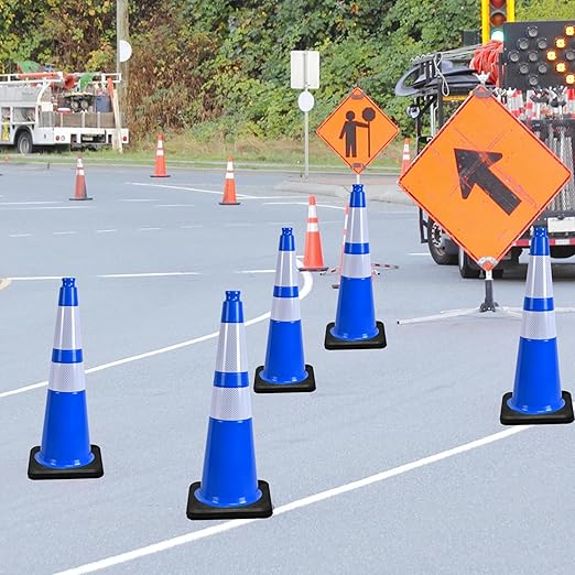 OrangeStar 6-Pack 28" Traffic Cones, Blue Safety Cones with Reflective Collars, Heavy Duty Base for Construction, Parking Lot, Road Work, Flexible PVC, Indoor & Outdoor Use