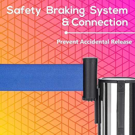 DuraSteel Chrome Crowd Control Barriers Stanchions with Retractable Belts - Metal Stanchion Posts w/ 6.5ft Blue Retractable Barrier Belt Ropes - Queue VIP Safety Line Dividers - Set of 2 Stantions