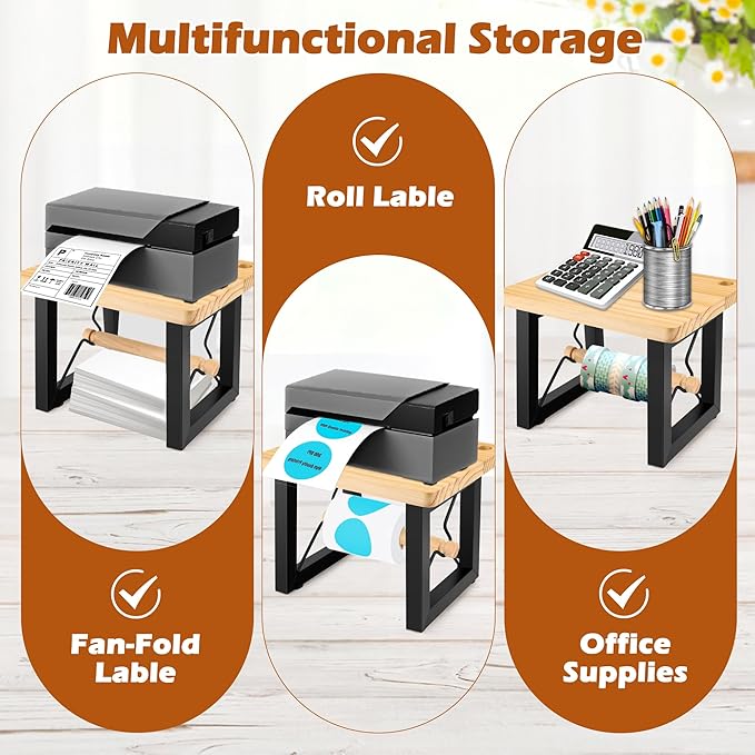 Shipping Label Holder for Thermal Printer, AHIER Wooden Thermal Label Holder for Rolls and Fanfold Labels, Desktop Printer Accessory for Home, Office, Small Business