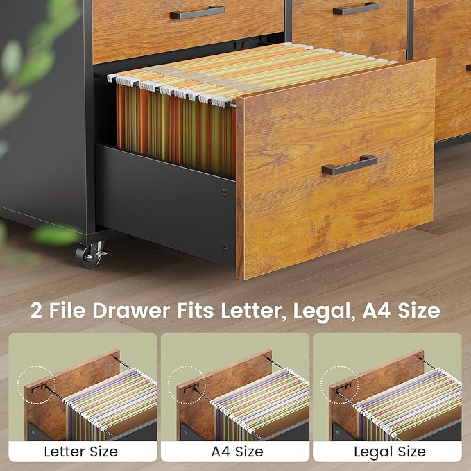 SEDETA 6 Drawer File Cabinet with Power Strip, 47" Wood Mobile Lateral Filing Cabinet fits Legal/Letter/A4 Size for Home Office, Printer Stand with Storage Shelf and Led Lights, Rustic Brown