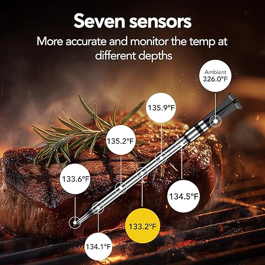 WiFi Sub-1G Wireless Meat Thermometer Unlimited Range 7 NIST Cert.Sensors IP68 With Ambient Temp Accuracy ±0.5°F APP&Magnet Smart Digital Base,Monitor for BBQ, Grill,Oven,Smoker(1,Black,Small)
