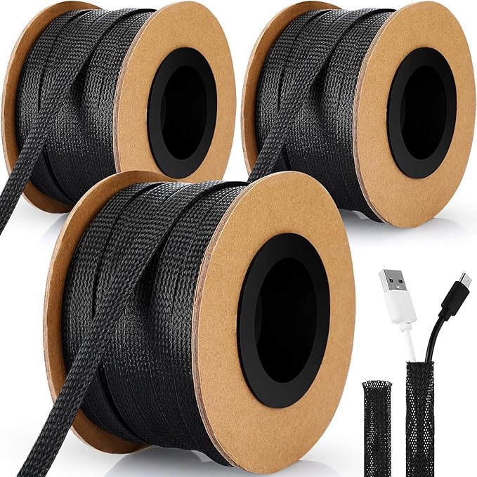 Pangda 300 Feet 1/4, 1/2, 3/8 Inches Wire Loom PET Expandable Braided Sleeving Braided Sleeve for TV, Computer, Home Theater(Black)