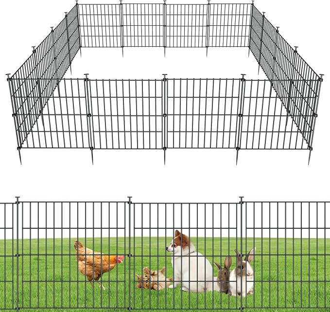 10 Panels Garden Fence Dog Fence Outdoor for Yard,24in H x 20ft L Rustproof Metal Fencing with Ground Stakes|No Dig Temporary Animal Proof Containment for Pets/Rabbits|Durable Patio Security Panels