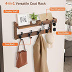 Coat Rack Wall Mount with Shelf, Coat Hanger Wall Mount with Key Hooks and Mail Holder, Wood Entryway Floating Shelf with Hooks and Storage, Hat Rack for Wall Key Holder Mail Organizer