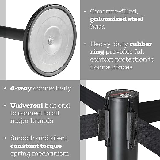 Qbuster Black Stanchions with Retractable Belt, Crowd Control Safety Barrier with 11’ Black Belt, Set of 2 Posts