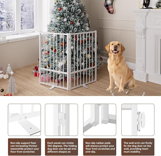 2 Panels Full Metal Freestanding Dog Gates, 40” W x 32” H Folding Pet Gate Fence with Support Feet for Indoor,Stairs, Hallways and Doorways(White)