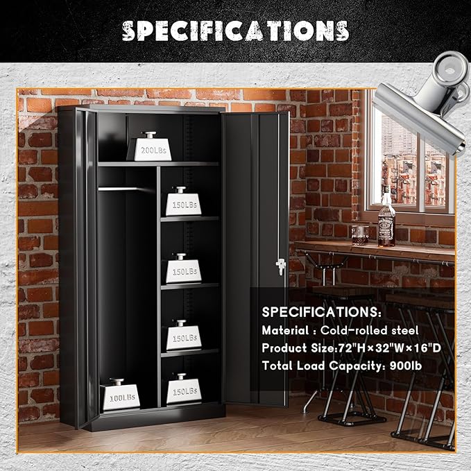 Greenvelly Metal Storage Wardrobe Cabinet with Doors, Black 72” Steel Wardrobe Closet, Employees Locker Closet Clothing Coat Steel Wardrobe Cabinet with Hanging Rod for Home Office Room School