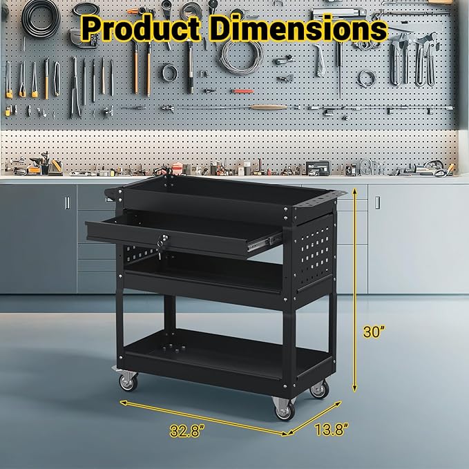 3 Tier Rolling Tool Cart on Wheels, 550 LBS Tool Cart with Drawers，Heavy Duty Utility Cart with Pegboard and Hooks，Mechanic Tool Storage Cart for Garage, Warehouse (Black)