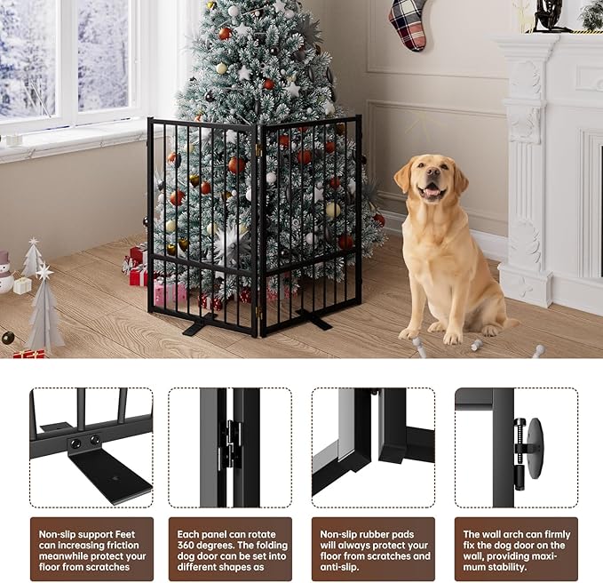 2 Panels Full Metal Freestanding Dog Gates, 40” W x 32” H Folding Pet Gate Fence with Support Feet for Indoor,Stairs, Hallways and Doorways(Black)