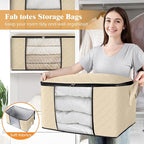 Fab totes 3 Pack Clothes Storage, Foldable Thick Fabric Blanket Storage Bags, Containers for Organizing Bedroom, Closet, Clothing, Comforter, Organization with Handle,Beige