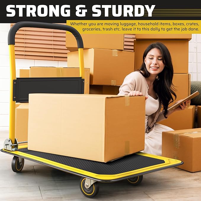 Heavy Duty Foldable Push Cart Dolly | 660 lbs. Capacity | Upgraded Collapsible Hand Truck Folding Platform with Swivel Wheels | Flat Bed Moving Wagon | Space Saving Push Handle (Yellow)