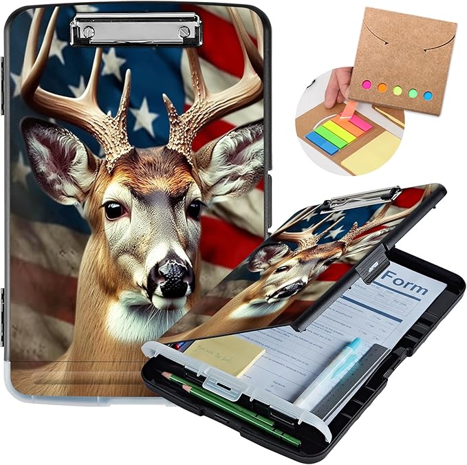 Clipboard with Storage,Heavy Duty Plastic Storage Clipboard with Low Profile Clip,Teacher Must Haves,Office Supplies,American Flag Deer