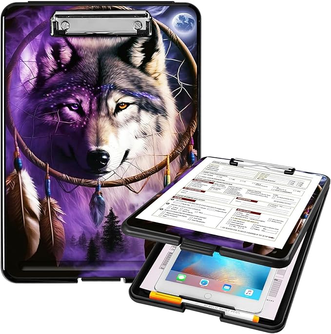 A4 Clipboards,Heavy Duty Waterproof Nursing Plastic Folder Clipboard with Storage Clip Boards,File Folder Storage Box Clipboard Case for Teacher,Doctor,Offices,Dream Catcher Wolfs