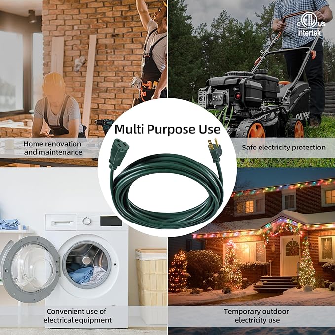 50FT 16/3 Gauge Green Outdoor Extension Cord Waterproof Heavy Duty, 3 Prong Cold Weatherproof -40℉ Flexible Power Cord, 13A 1625W SJTW ETL Listed for Lawn Mower, Christmas Lights, Tools