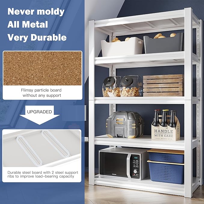 Raybee 72''H Garage Shelving Heavy Duty Storage Shelves Load 2010LBS Adjustable 5 Tier Heavy Duty Shelving White Garage Sheves Pantry Shelf for Kitchen Closet 72''H*31.7''W*16.3''D, 2Pack
