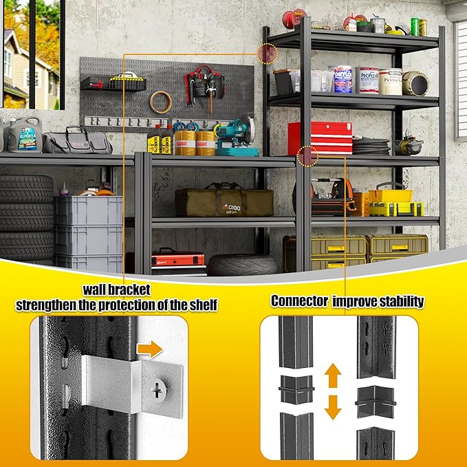 Storage Shelves, Garage Metal Shelving Unit, Adjustable, Double-Layer Column with Reinforced Ribs, Heavy-Duty, Capable of Bearing 600-3600 lbs (Black, 45''W*20''D*77''H, 6-Tier)