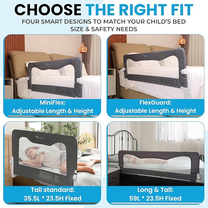 TotCraft MiniFlex Adjustable Length & Height Bed Rail for Toddlers – Fits Twin, Full & Queen Beds – 35.5″ or 47″ Two Fixed Lengths – 14 Height Levels – ASTM Certified Toddler Bed Rail for Kids (Grey)