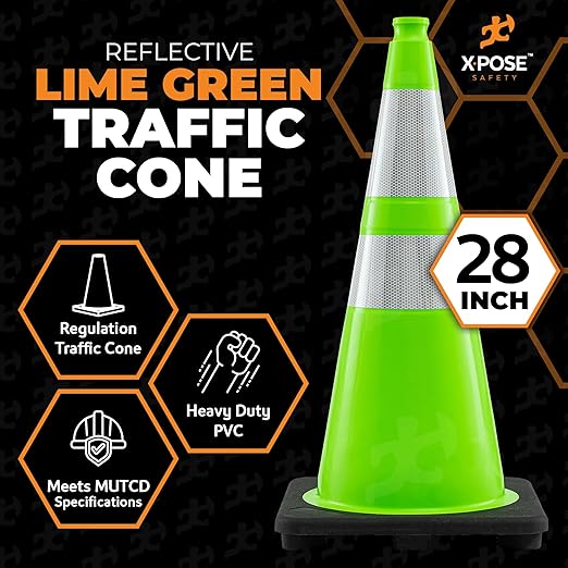 Xpose Safety 28” Lime Green Traffic Cone Dual 6" & 4" Reflective Collar – 1 Pack Multipurpose Premium PVC Safety Cone for Parking, Caution, Construction, Road Crews, Emergency Vehicle - DOT Approved