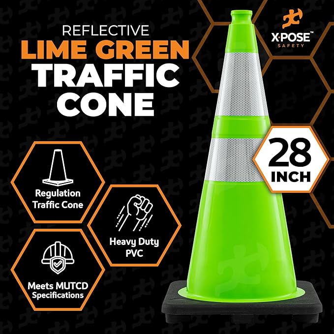 Xpose Safety 28” Lime Green Traffic Cone Dual 6" & 4" Reflective Collar – 12 Pack Multipurpose Premium PVC Safety Cone for Parking, Caution, Construction, Road Crews, Emergency Vehicle - DOT Approved