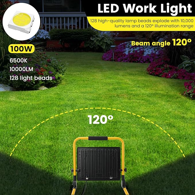 Waterproof Portable Flood Light 100W 10000 LM LED Work Light with 16.4FT Cord, Job Site Lighting for Workshop Garage Construction Site, Aluminum Outdoor/Indoor Work Lamp
