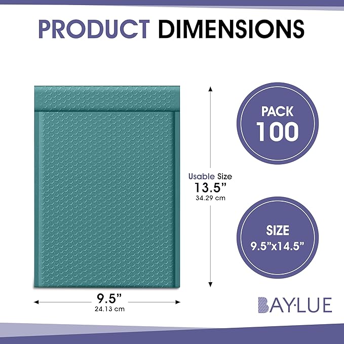 Green 9.5x14.5 Inch Poly Bubble Mailers #4 | Self Seal Large Padded Envelopes Air Cushioned Bubble Mailer | Usable Size 9.5x13 Inch | Waterproof Lightweight Mailing Shipping Bags | 100 Pack Bulk