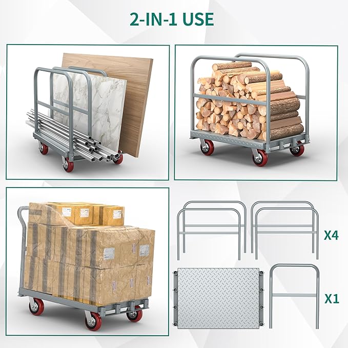 YITAHOME 2-in-1 Steel Panel Truck Cart 2200 LBS, Heavy Duty Platform Truck Carts with 4 Side Handrails, Flatbed Lumber Cart Drywall Carts with 4 Rubber Swivel Casters for Loading and Storage