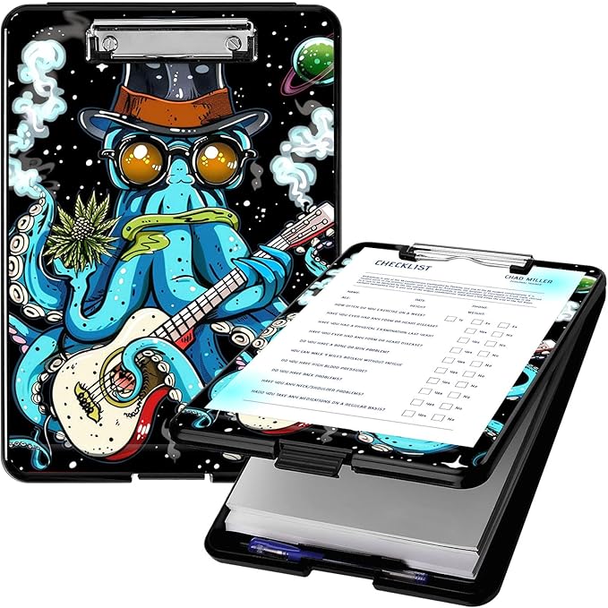 Clipboard with Storage, High Capacity Plastic Storage Clipboard with Pen Holder for for Women Teachers Work, School & Office Supplies, Cute Pattern Decorative Clipboards, Octopus Plays Guitar