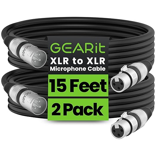 GEARit XLR Male to Female Microphone Cable (15 Feet, 2-Pack) 3-Pin Balanced Shielded Mixer, Recording Studio, Podcast - Black