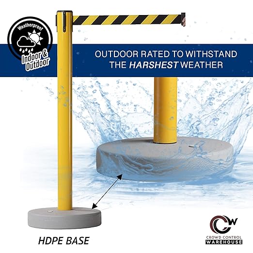 Crowd Control Warehouse - CCW Set of 2 Retractable Belt Barrier Stanchion, Water Fillable Base MSH630-11 Foot Belt, Black/Yellow Belt with Yellow PVC Plastic Post