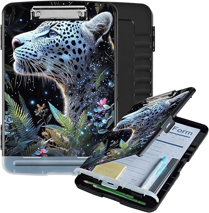 Clipboard with Storage Box & Pen Holder,Heavy Duty Clip Boards 8.5x11 for Nursing,High Capacity,School & Office Supplies,Starry Leopard