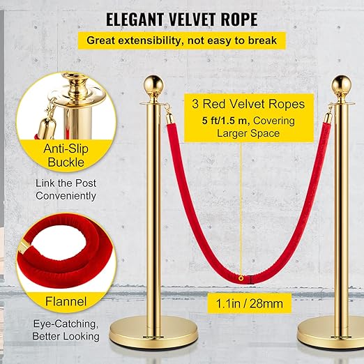 VEVOR Velvet Ropes and Posts 6 Pcs Red Velvet Rope 5 ft, Stanchions Solid Base with Ball Top, Crowd Control Barriers Gold Stanchions, Red Carpet Poles, Crowd Control Ropes and poles for Party Supplies