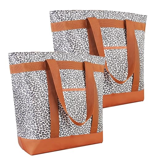2Pk Insulated Reusable Tote Bag for Grocery Shopping for Women/Men, Pizza/Food Delivery Bag to Keep Food Cold/Hot for Professional Catering, Cooler Bags for Travel/Beach/Picnic, Cow Print